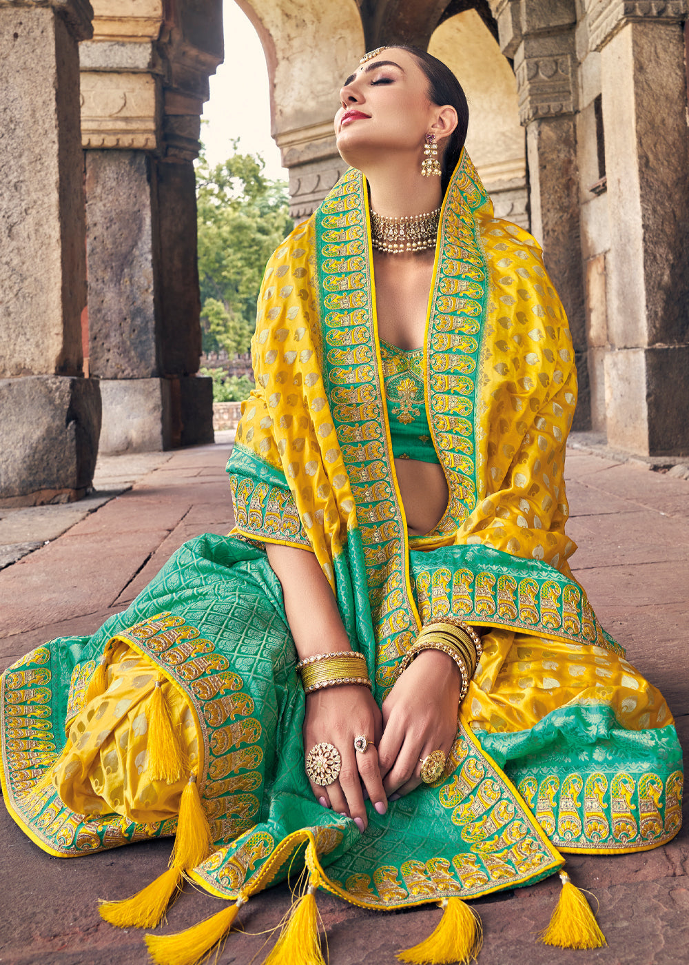 Mustard Yellow and Green Zari Woven Designer Banarasi Saree