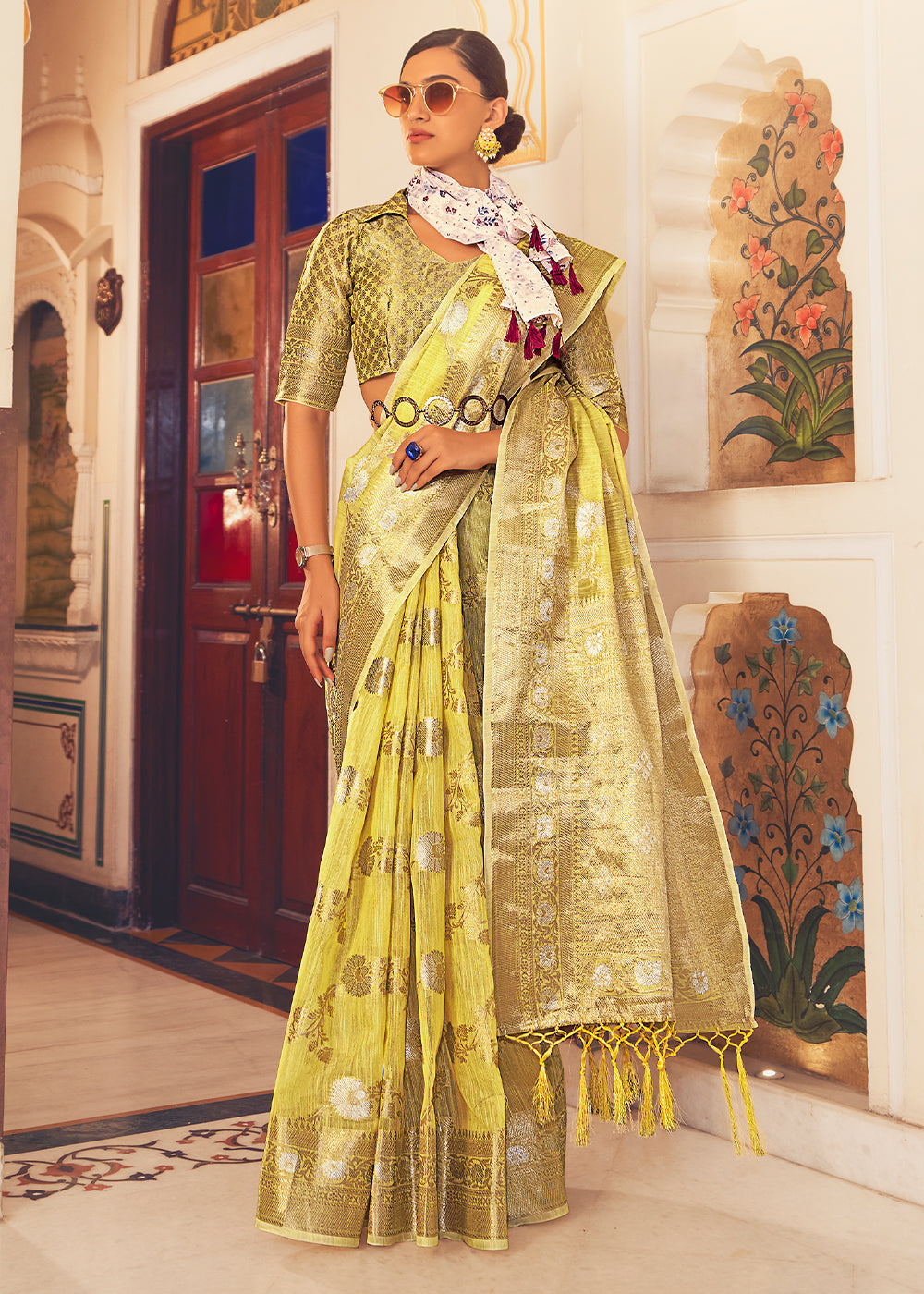 Tacha Yellow Zari Woven Linen Silk Saree