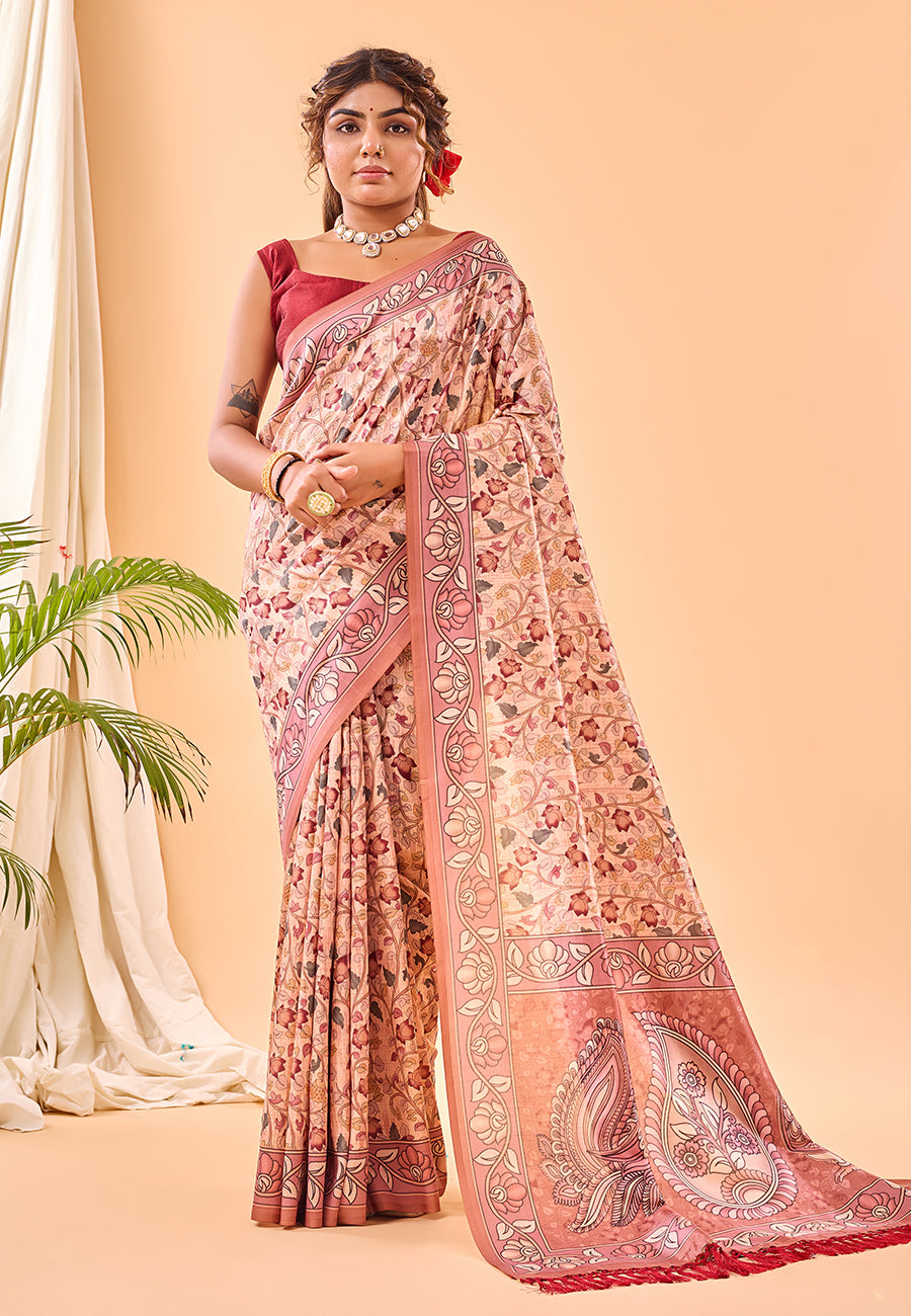 Blossom Pink Floral Kalamkari Printed Saree