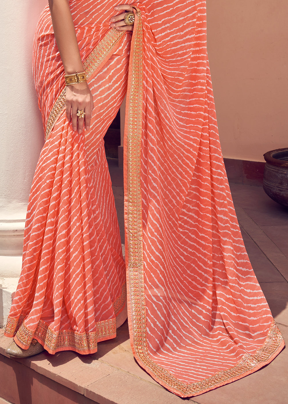 Tan Orange Lehriya Print Georgette Saree With Embroidered Blouse