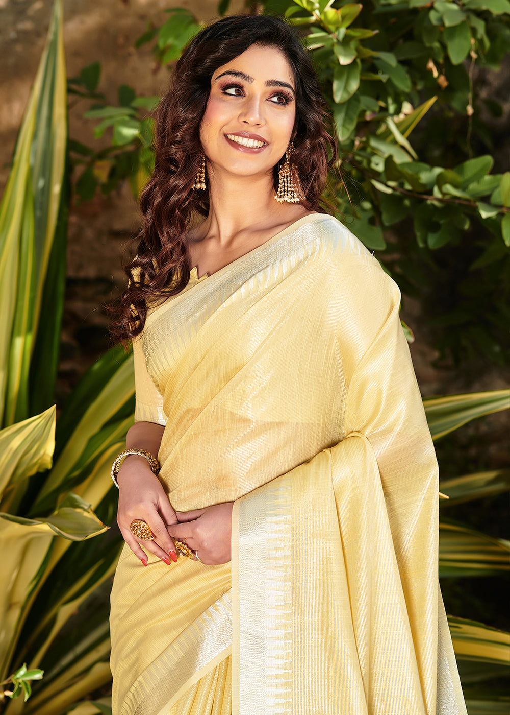 Wheat Yellow Zari Woven Tissue Linen Saree