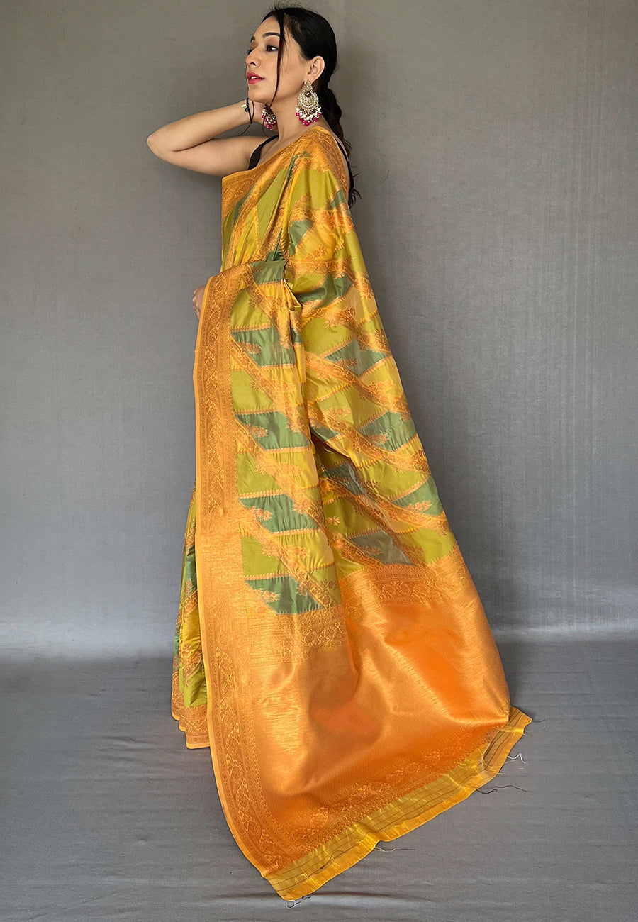 Barley Corn Green and Yellow Copper Zari Woven Organza Saree