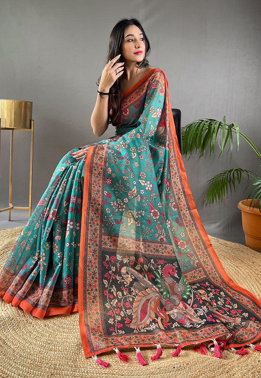 Keppel Blue Cotton Kalamkari Printed Saree