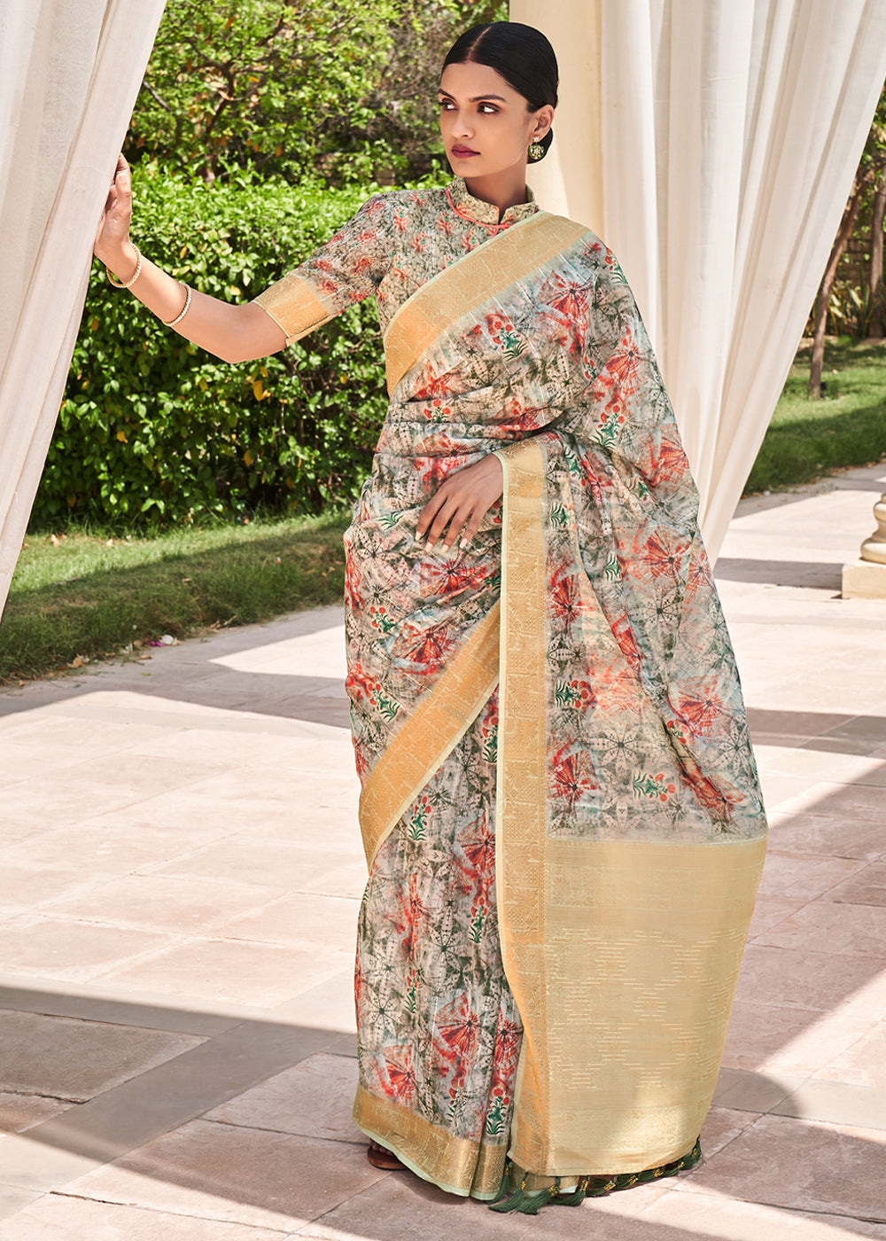 Harlequin White Digital Print Linen Saree