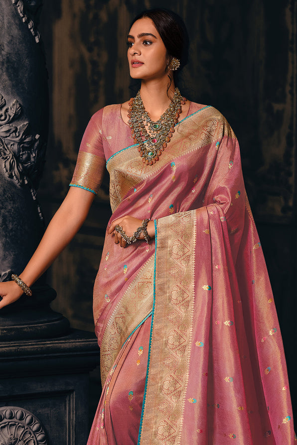 Shimmering Pink Zari Woven Banarasi Saree