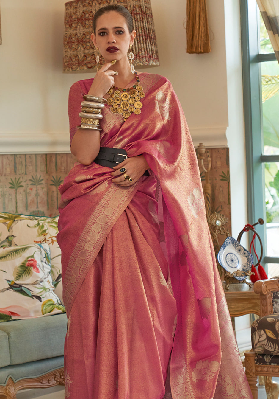 Copper Pink Woven Banarasi Satin Tissue Silk Saree