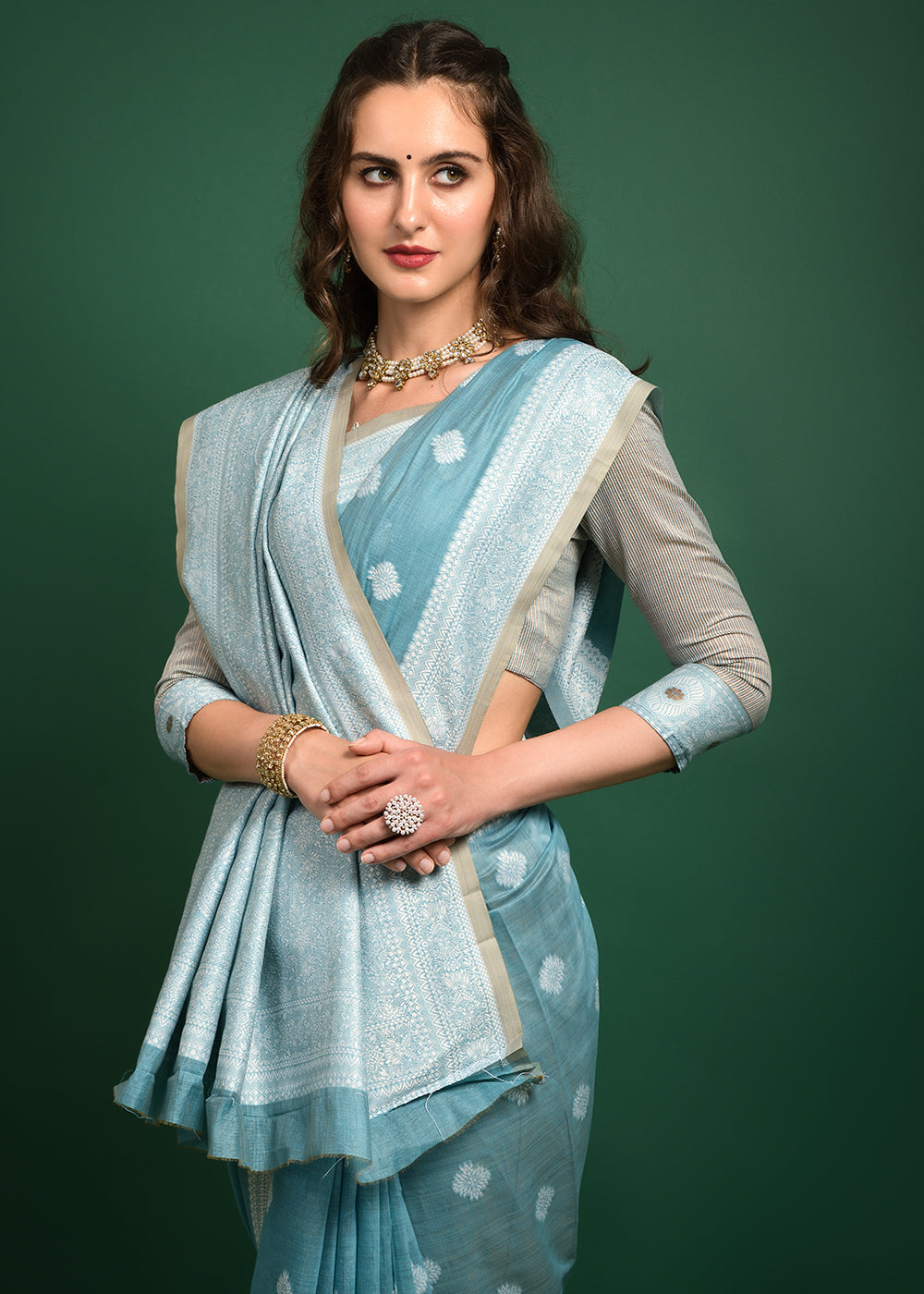 Opal Blue Chikankari Chanderi Cotton Woven Saree