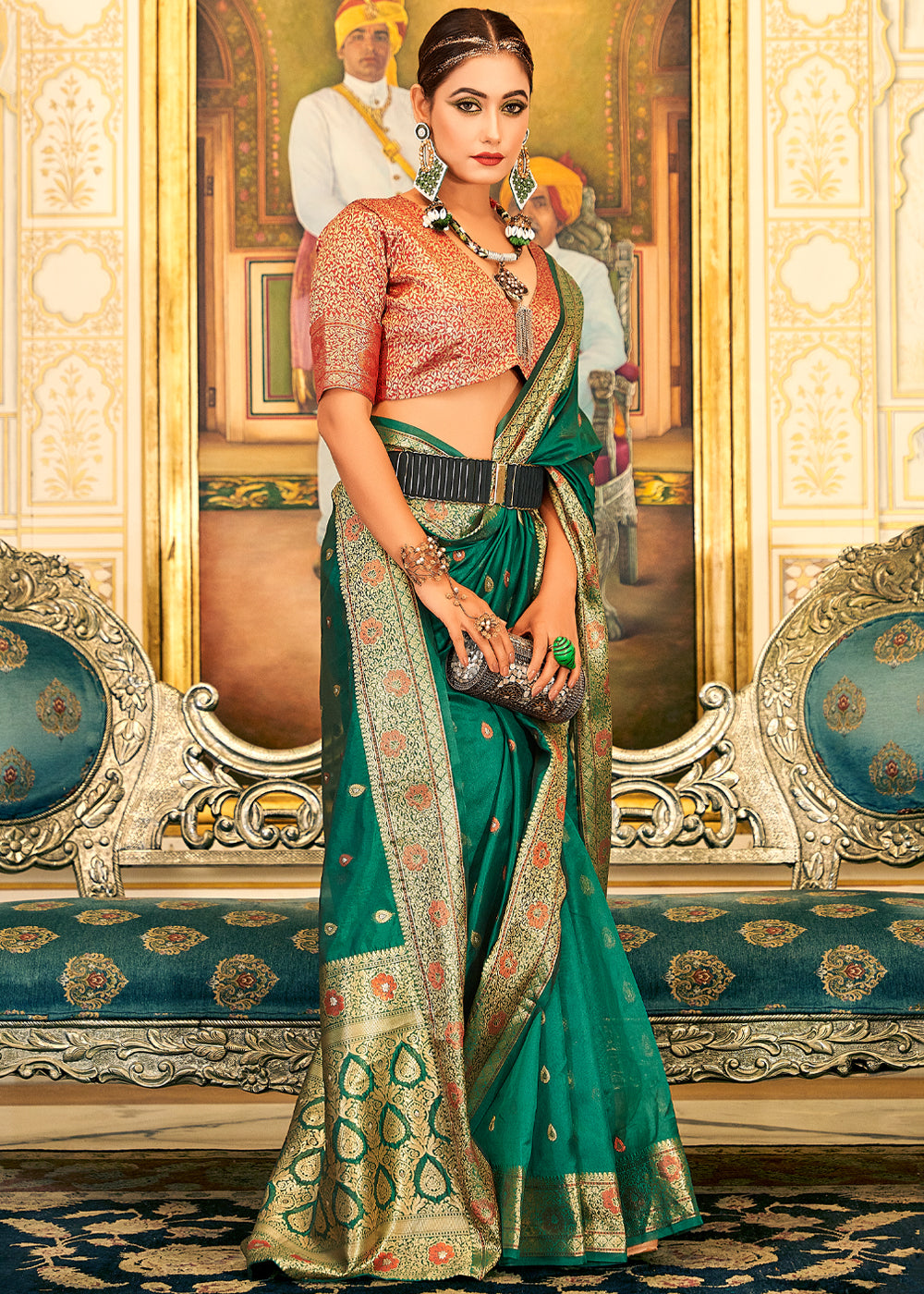 Chateau Green Woven Banarasi Organza Silk Saree