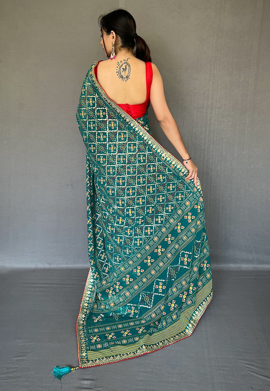 Faded Jade Green Embroidered Georgette Bandhani Saree