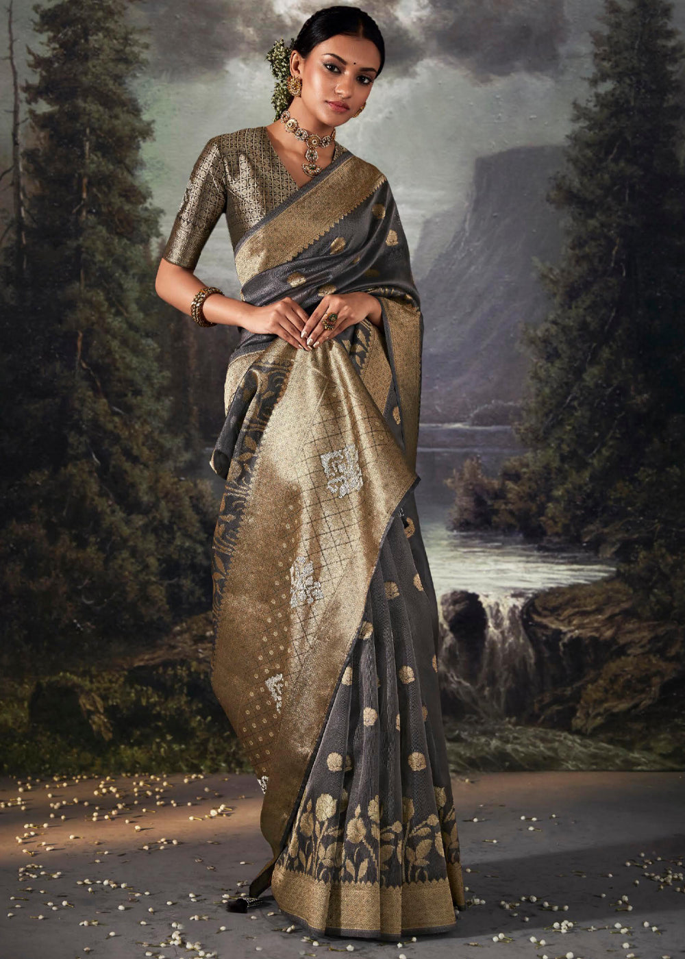 Scorpion Grey Woven Banarasi Organza Silk Saree