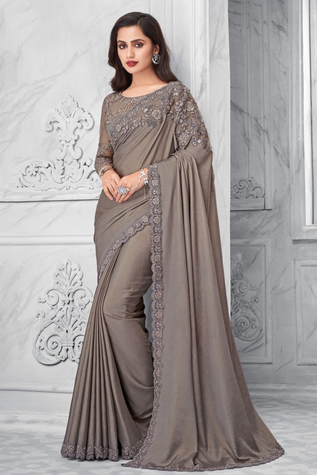 Sandstone Grey Chiffon Designer Silk Saree