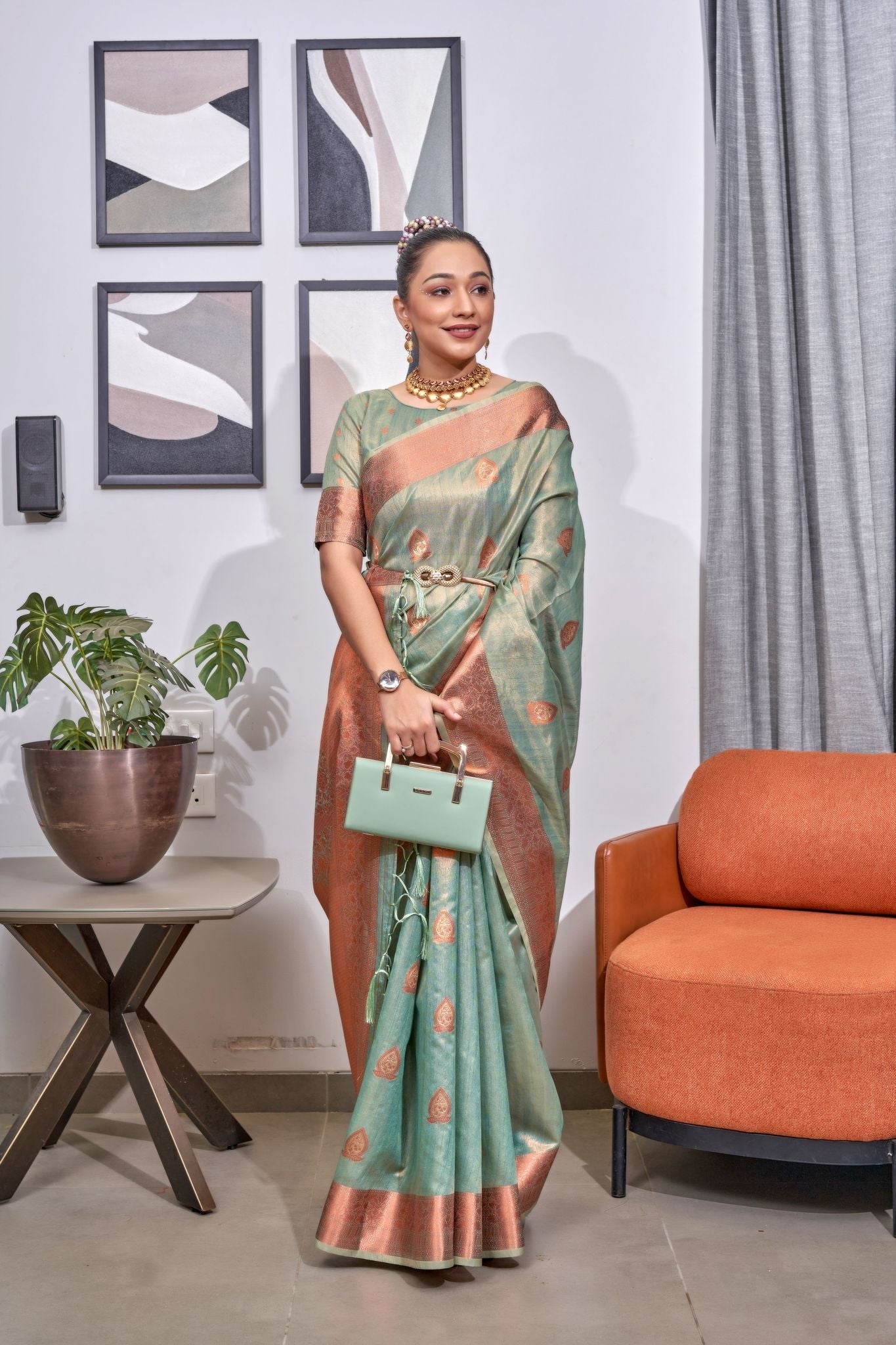 Surf Green Woven Organza Tissue Silk Saree