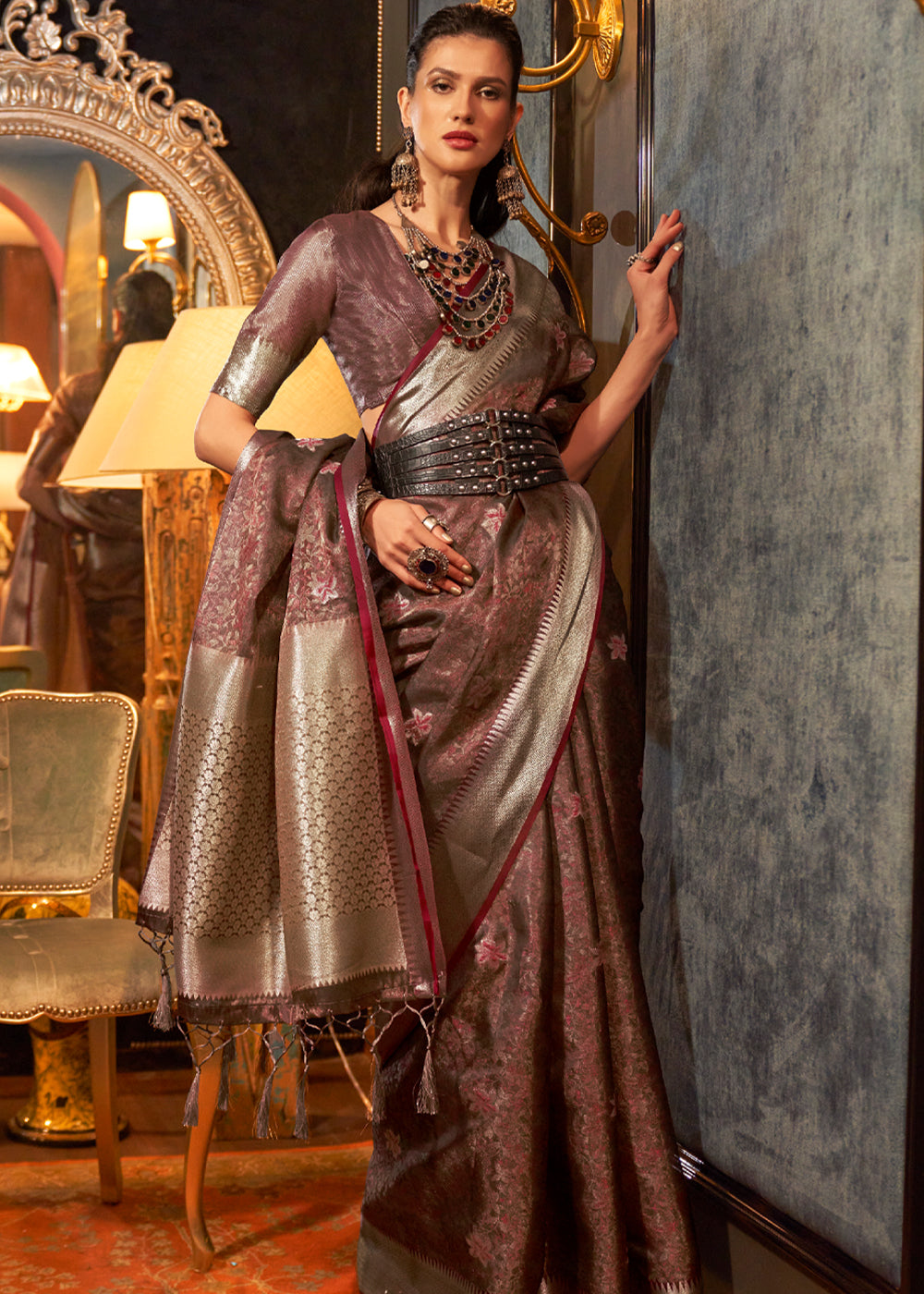 Deep Fir Brown Dual Tone Banarasi Organza Silk Saree