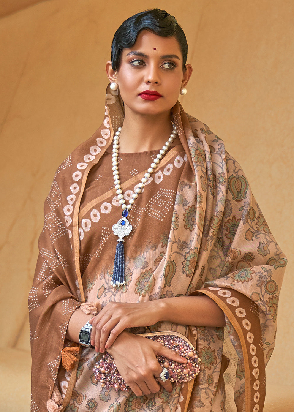 Cape Palliser Brown Floral Printed Cotton Saree