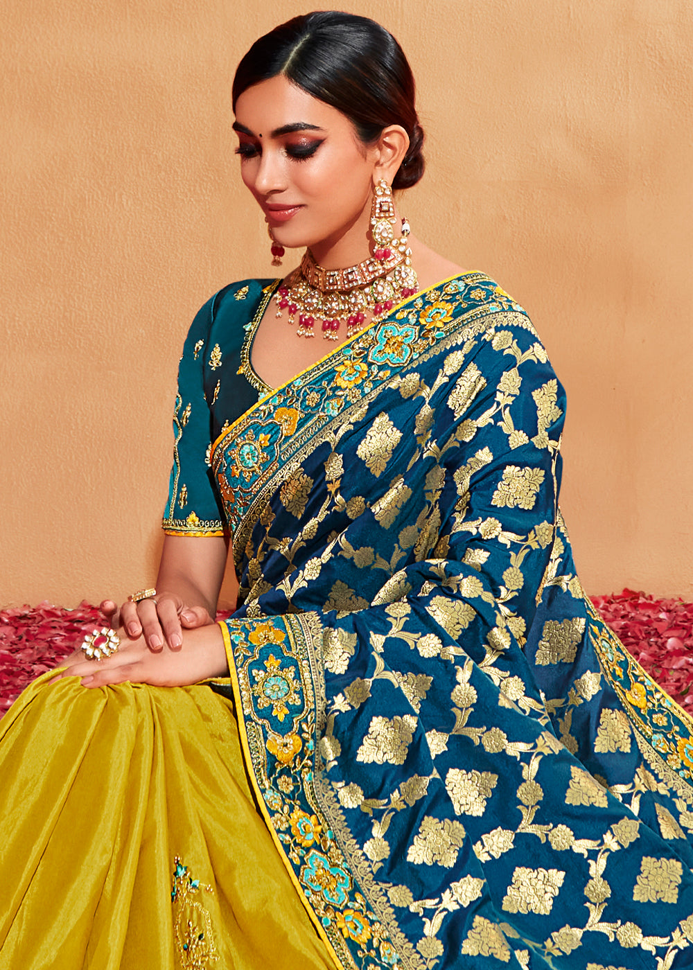 Golden Grass Yellow and Blue Embroidered Banarasi Silk Saree