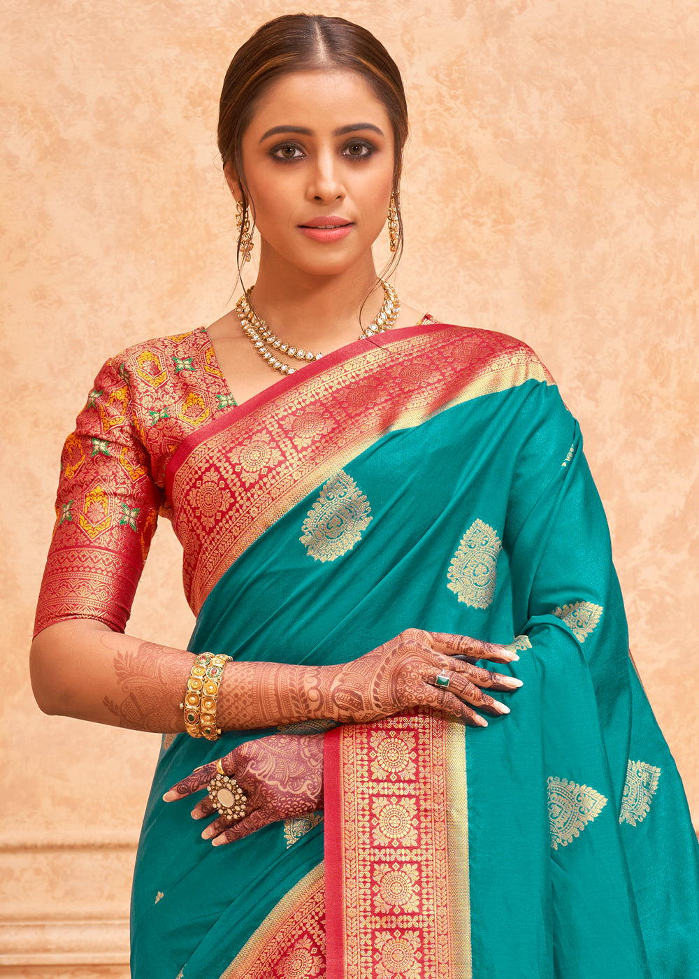 Atoll Blue and Red Zari Woven Banarasi Silk Saree