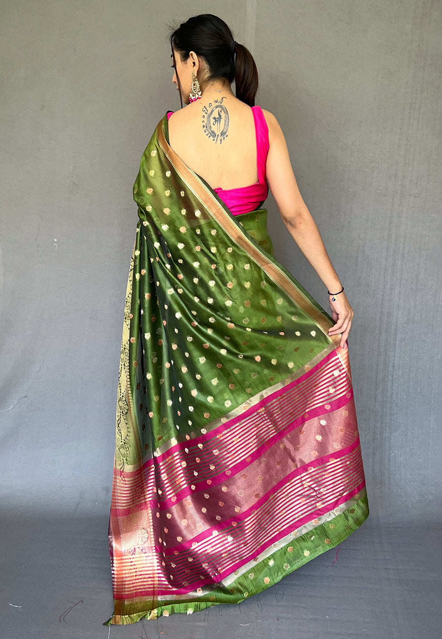 Thatch Green Zari Woven Organza Silk Saree