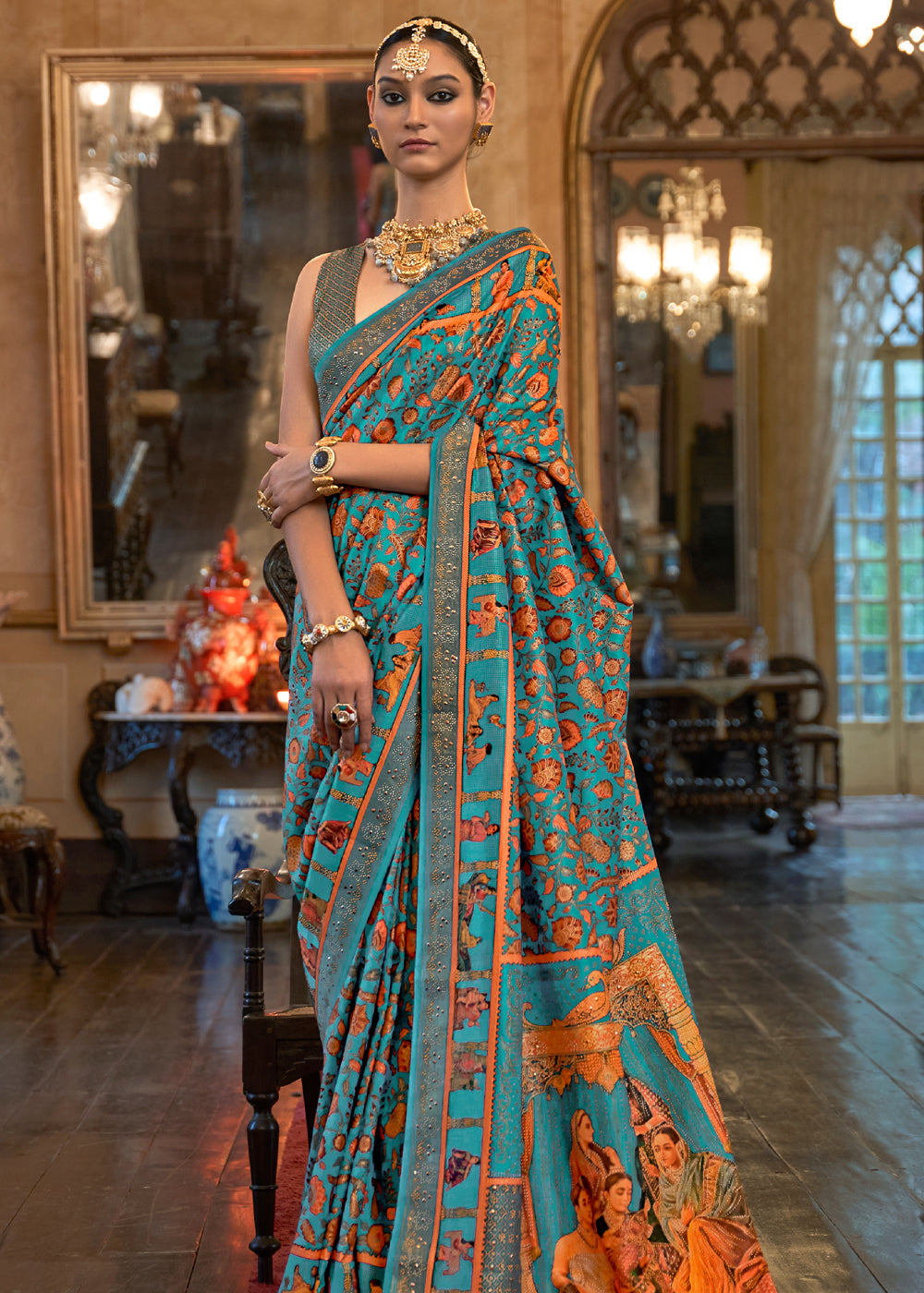 Astral Blue Digital Printed Patola Saree