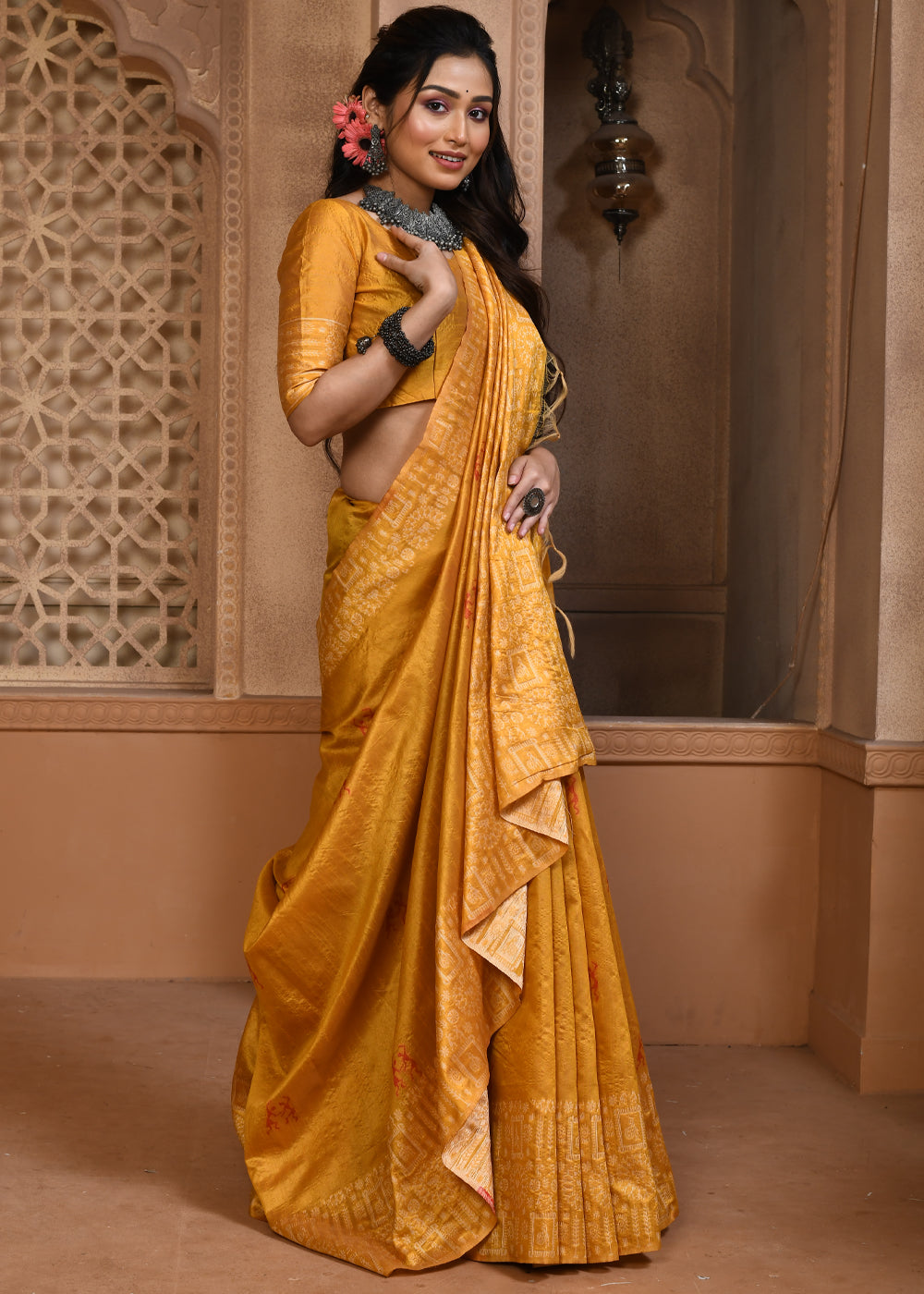 Koromiko Yellow Woven Textured Cotton Silk Saree