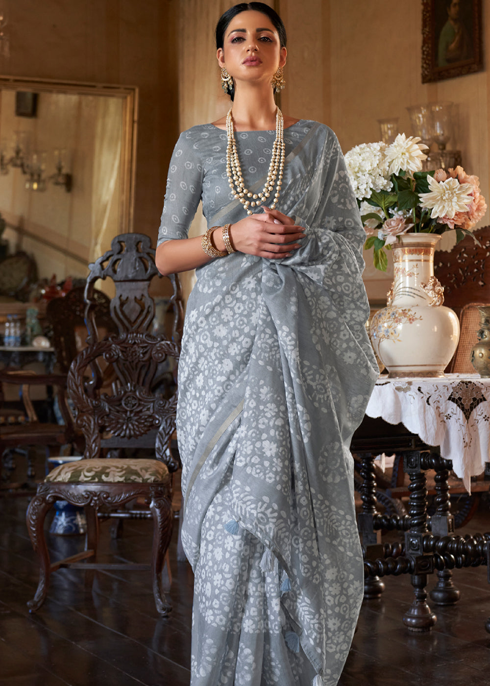 Manatee Grey Light Weight Linen Saree