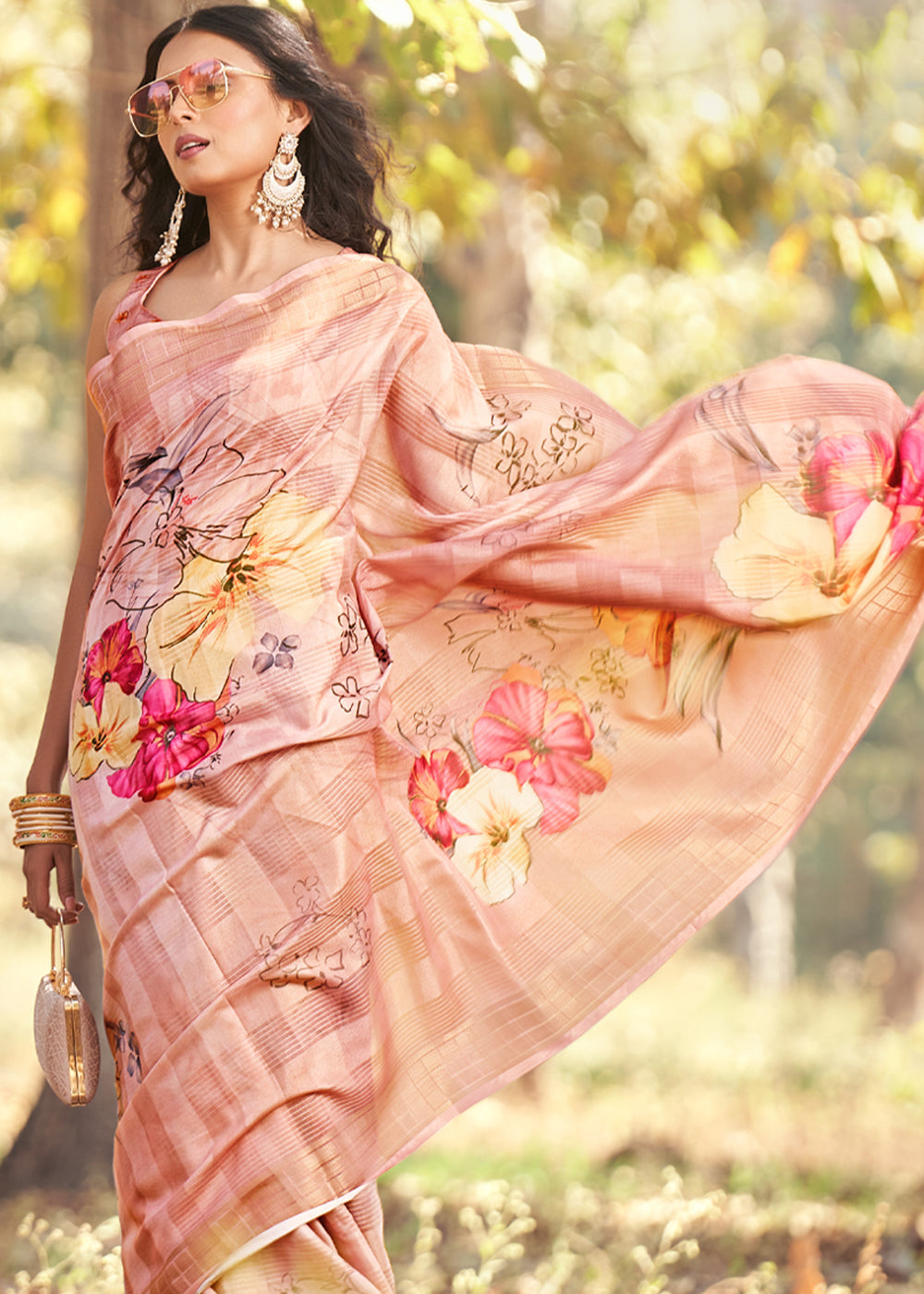 Wheat Pink Floral Printed Cotton Silk Saree