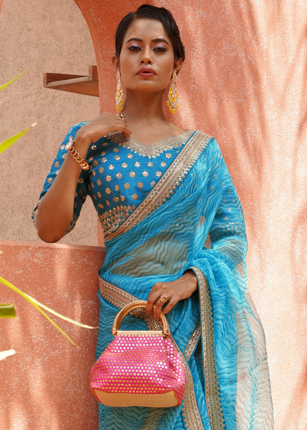 Hippie Blue Lehriya Organza Saree With Embroidered Blouse