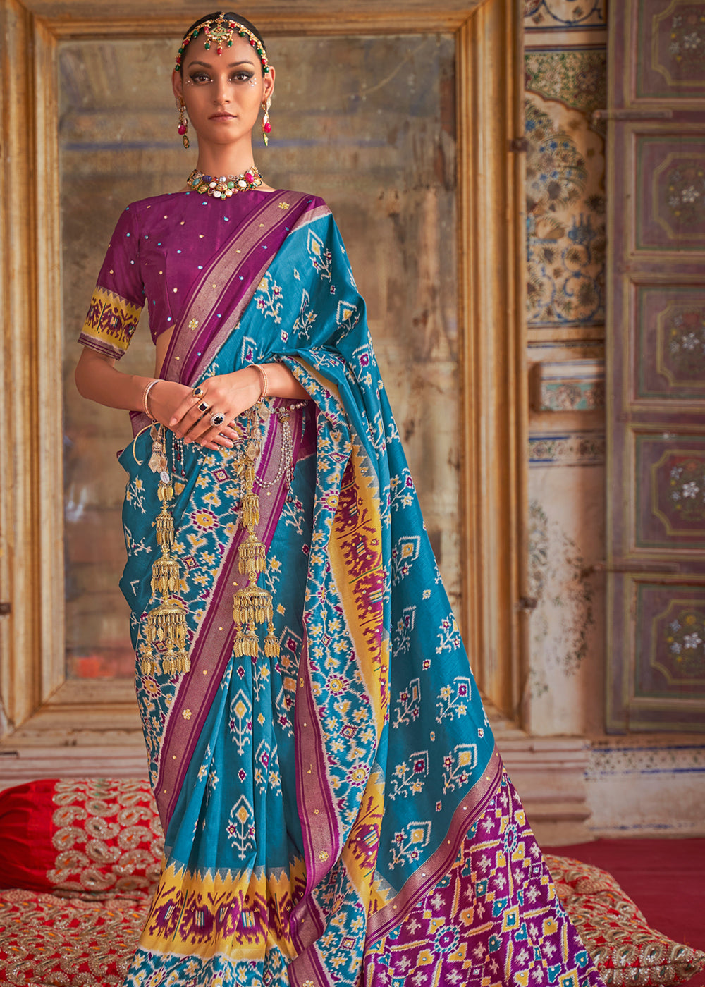 Boston Blue and Purple Woven Patola Silk Saree