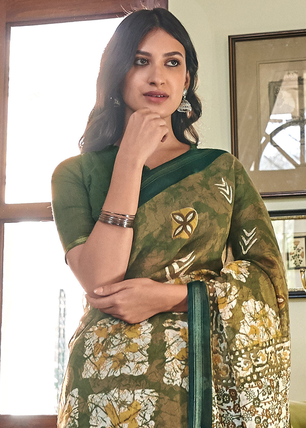 Axolotl Green Cotton Linen Batik Printed Saree