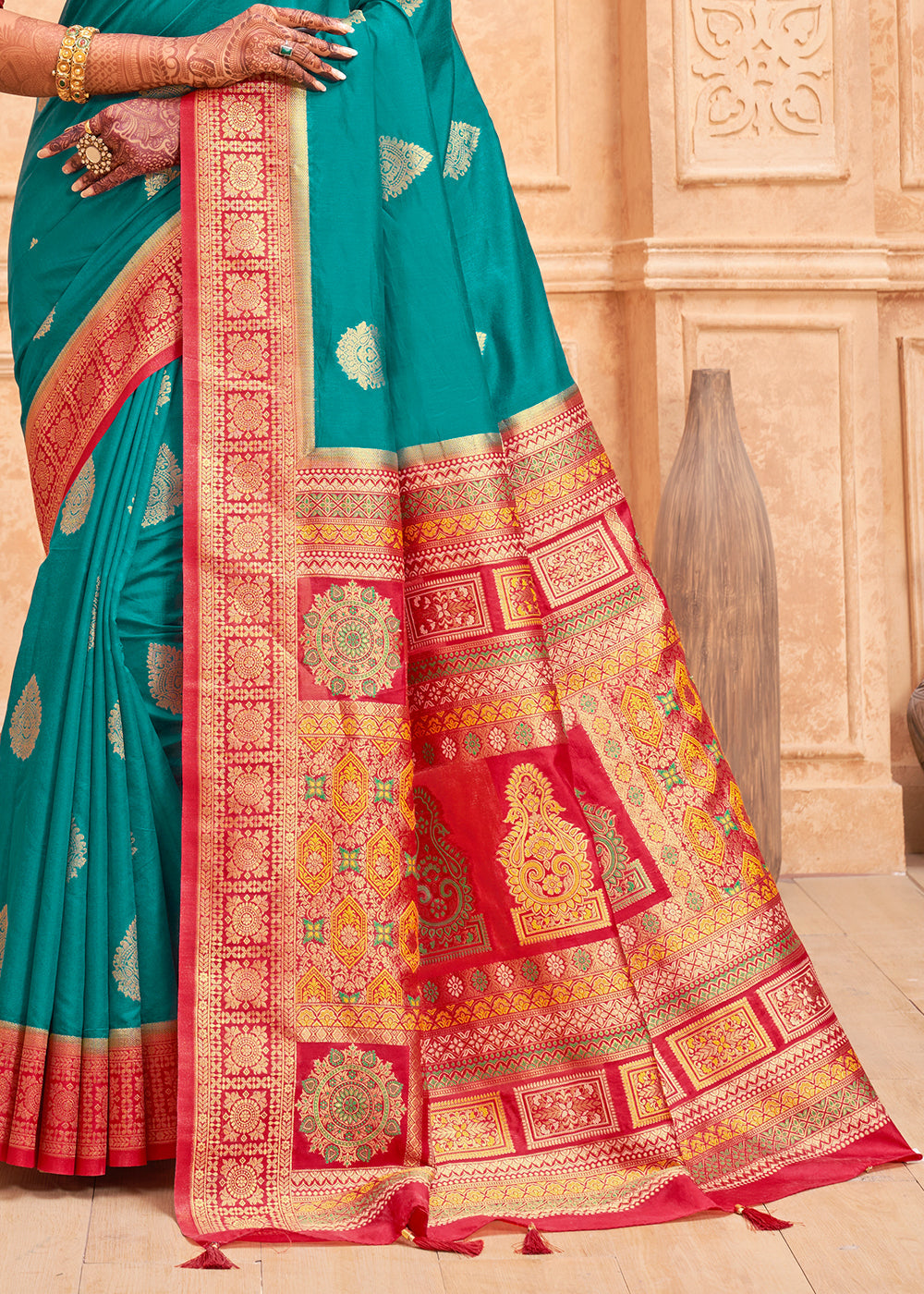 Atoll Blue and Red Zari Woven Banarasi Silk Saree