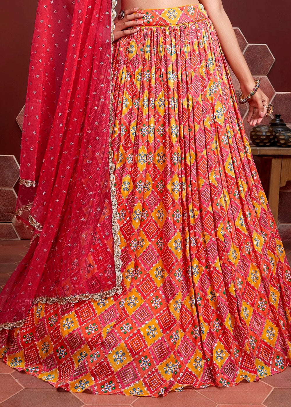 Mojo Red and Orange Bandhani Printed Chinon Silk Lehenga Choli