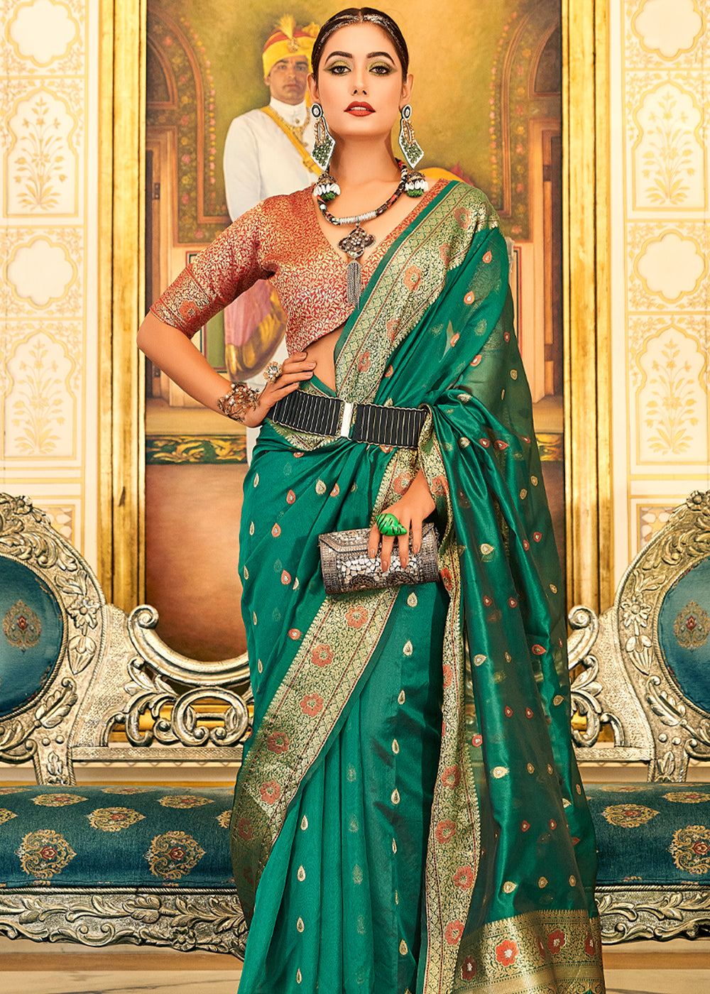 Chateau Green Woven Banarasi Organza Silk Saree