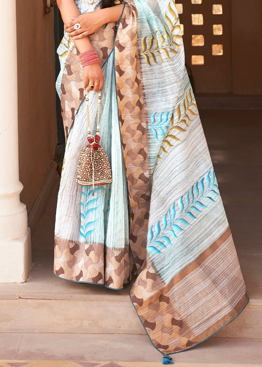 Geyser Blue Printed Kora Silk Saree