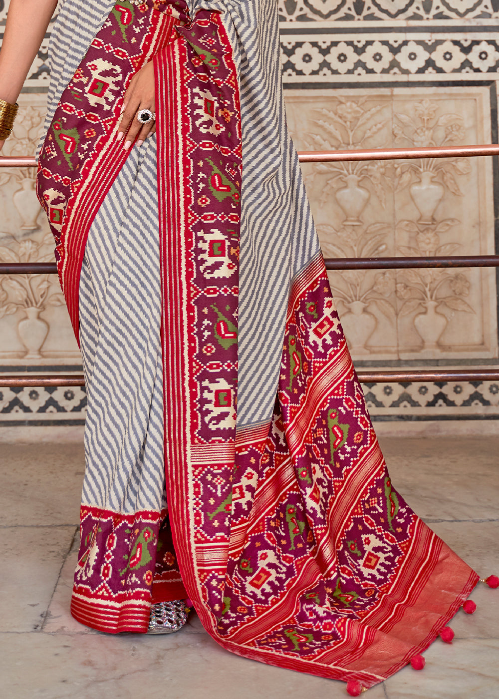 Bizarre Red and White Cotton Patola Printed Saree