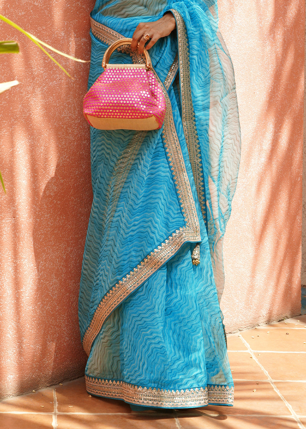 Hippie Blue Lehriya Organza Saree With Embroidered Blouse