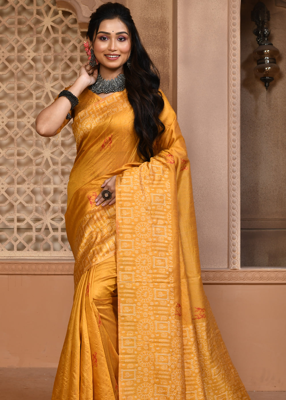 Koromiko Yellow Woven Textured Cotton Silk Saree