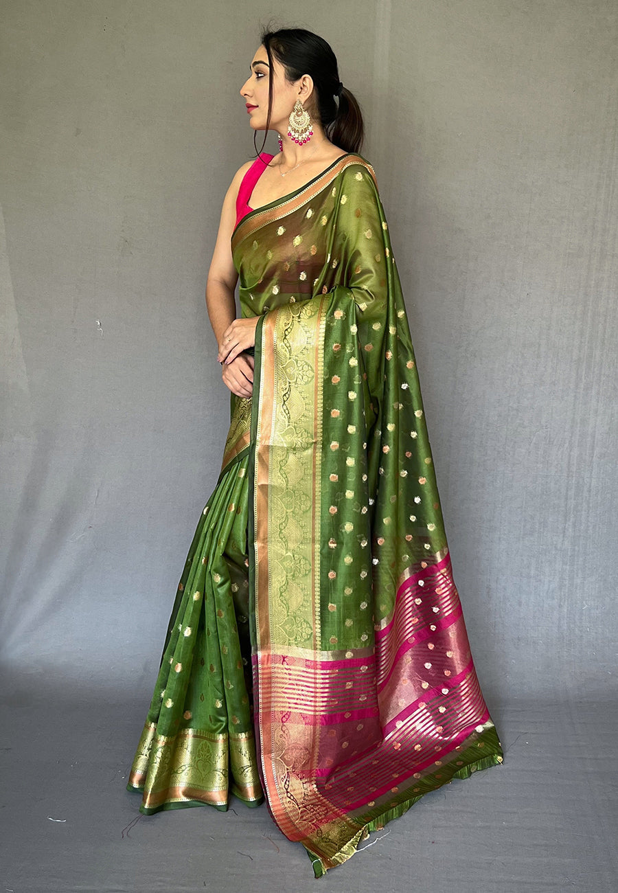 Thatch Green Zari Woven Organza Silk Saree