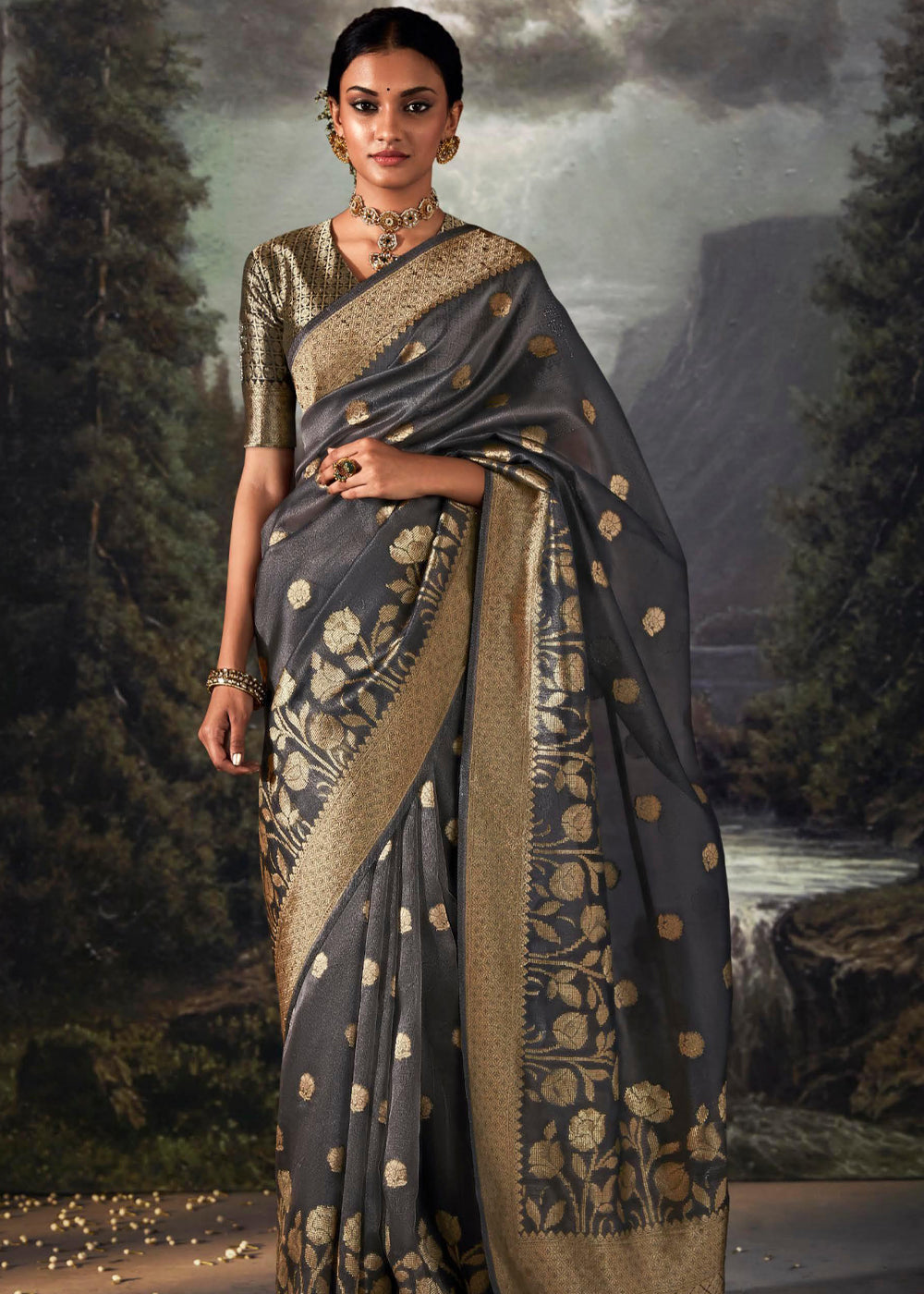 Scorpion Grey Woven Banarasi Organza Silk Saree