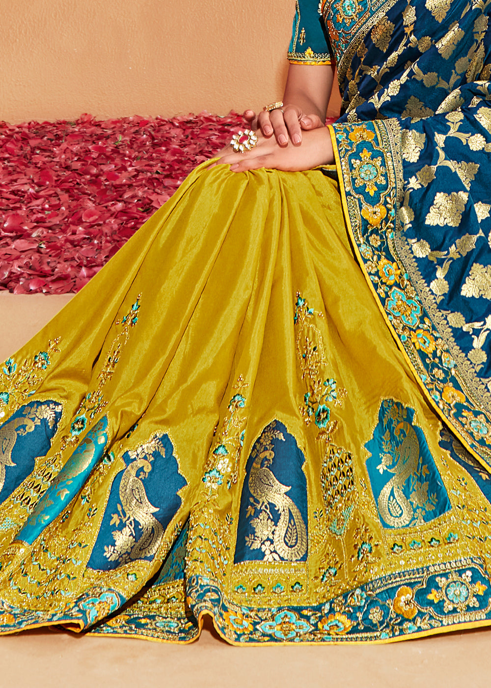 Golden Grass Yellow and Blue Embroidered Banarasi Silk Saree