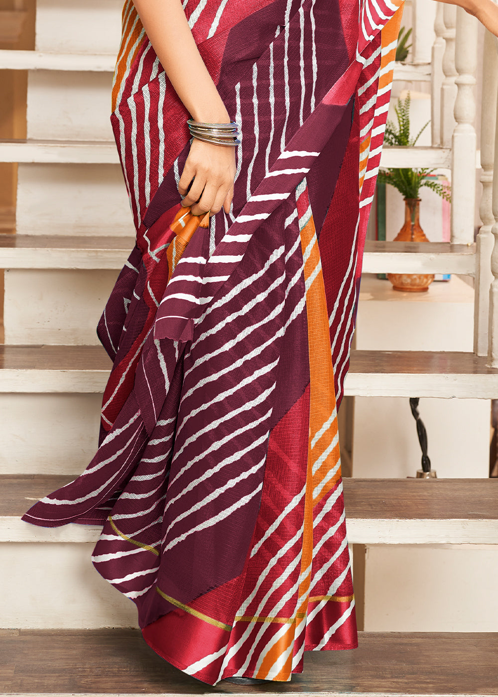 Orchid Purple Pink and Orrange Cotton Saree With Leheriya Print