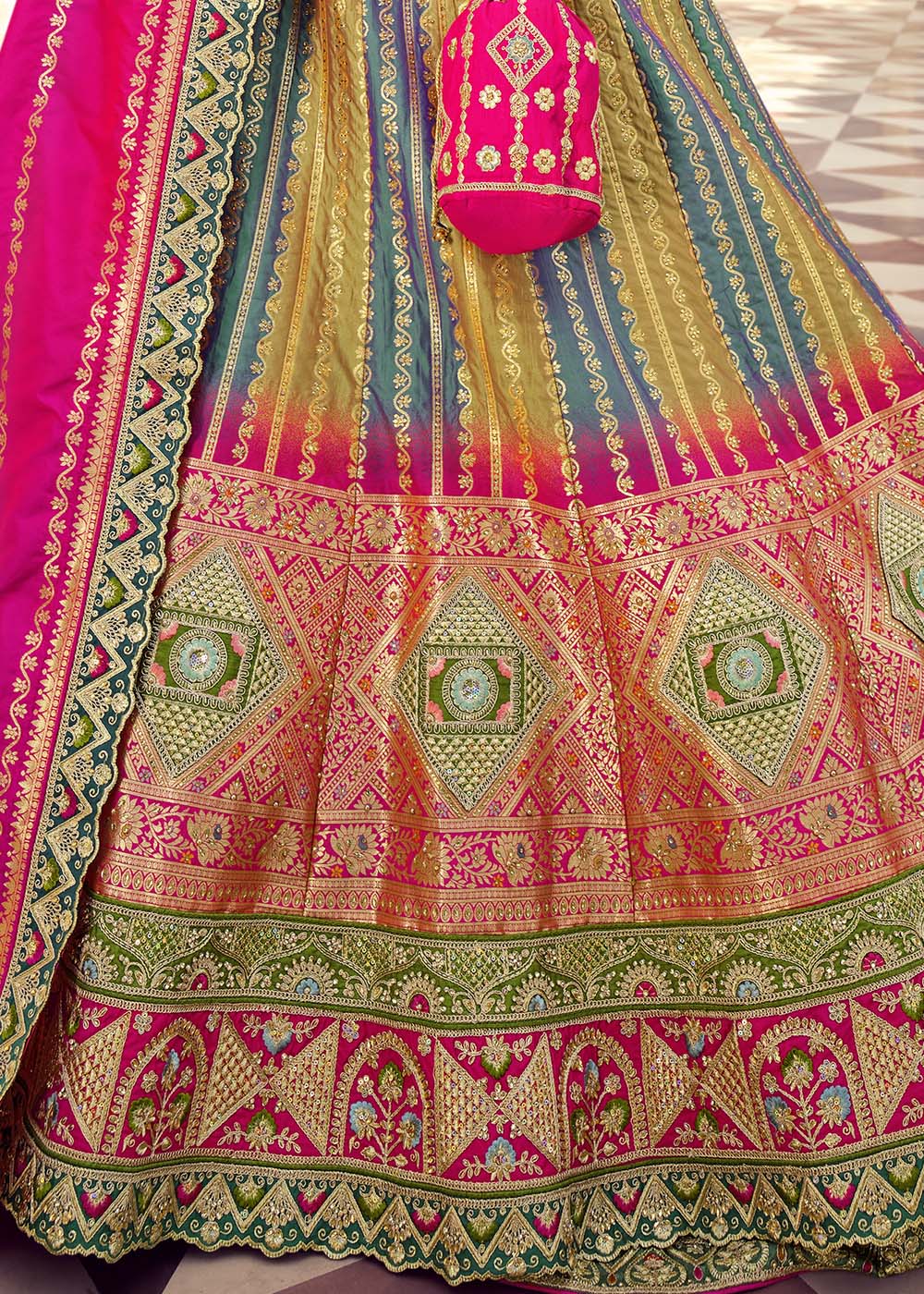 Sark Multi Colour Banarasi Silk Lehenga Choli