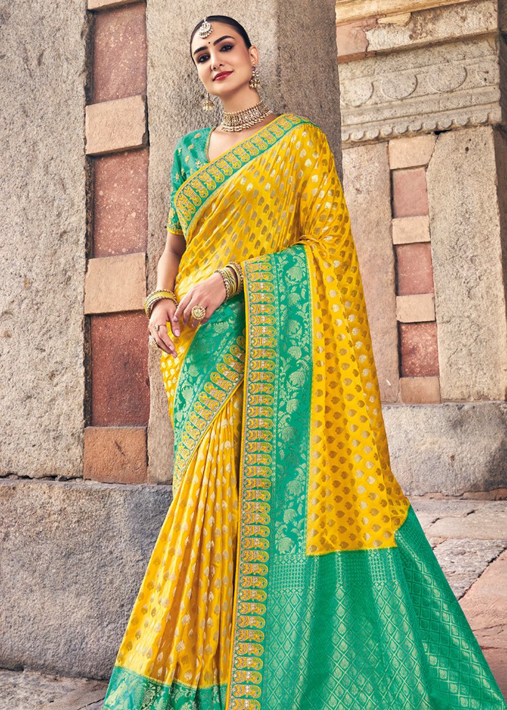 Mustard Yellow and Green Zari Woven Designer Banarasi Saree