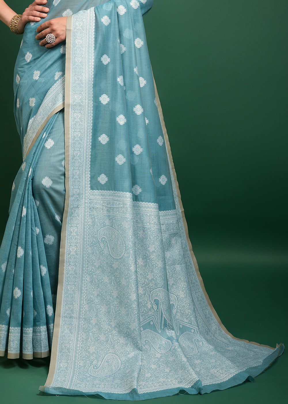 Opal Blue Chikankari Chanderi Cotton Woven Saree