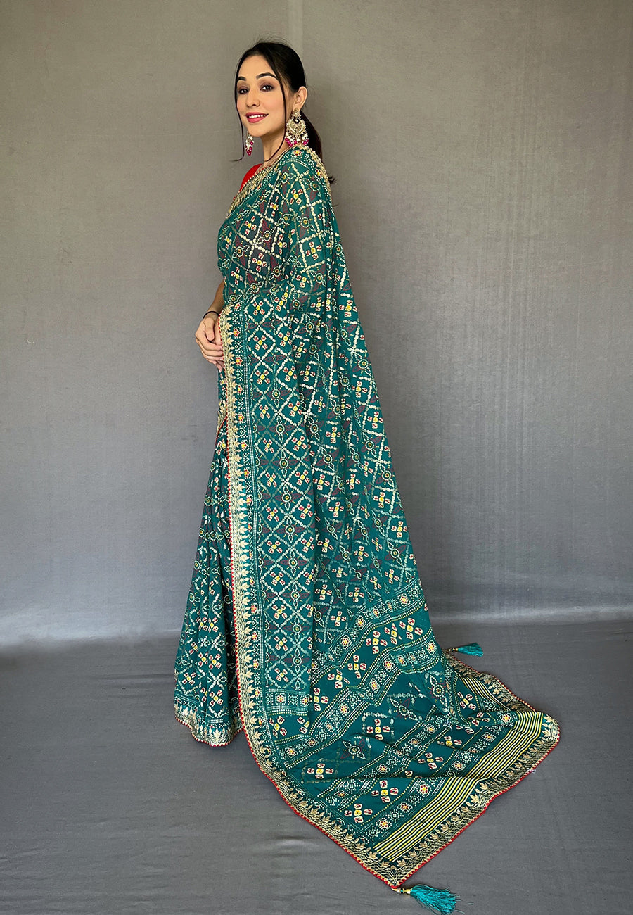 Faded Jade Green Embroidered Georgette Bandhani Saree