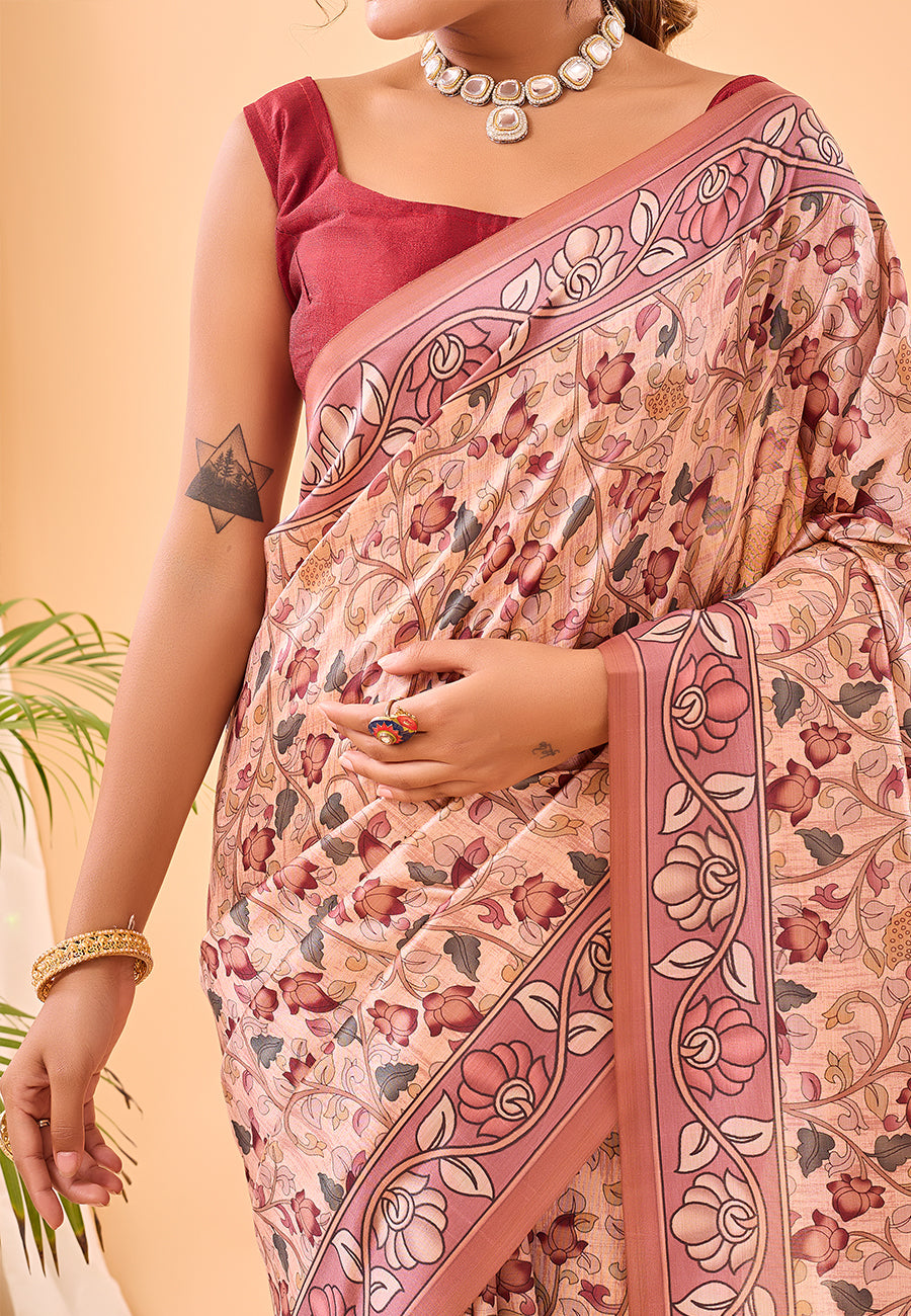 Blossom Pink Floral Kalamkari Printed Saree