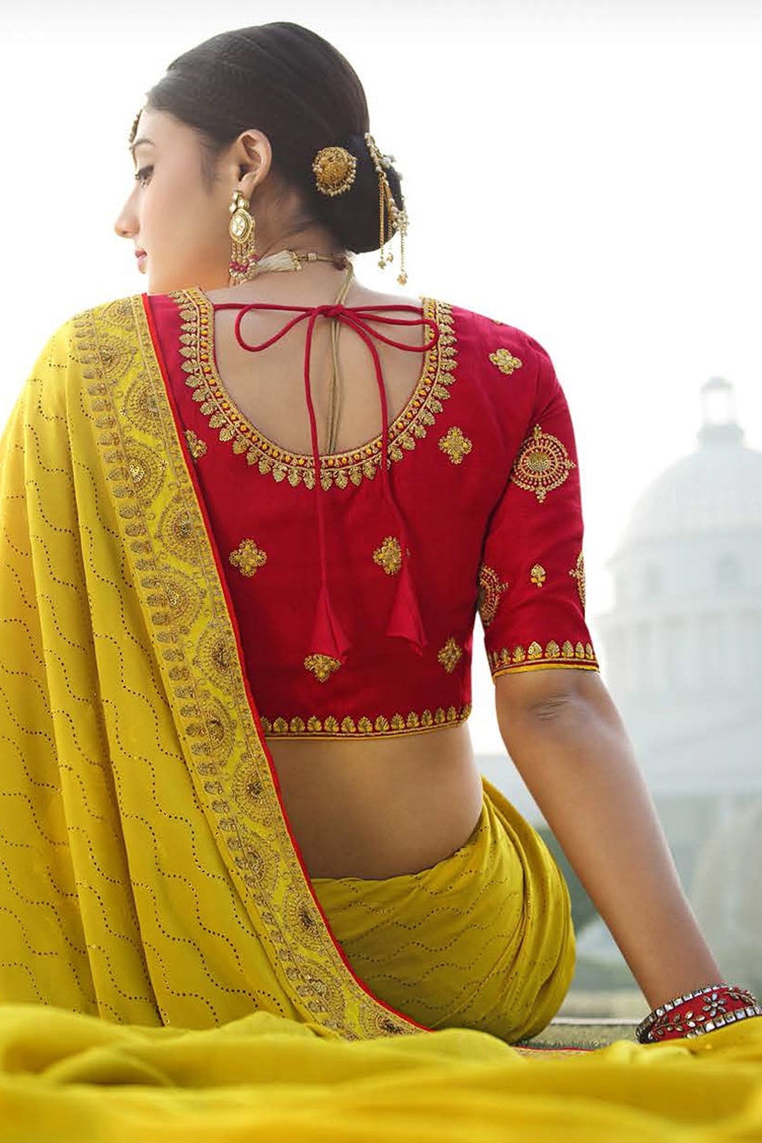 Bird Flower and Red Chiffon Stone Work Saree