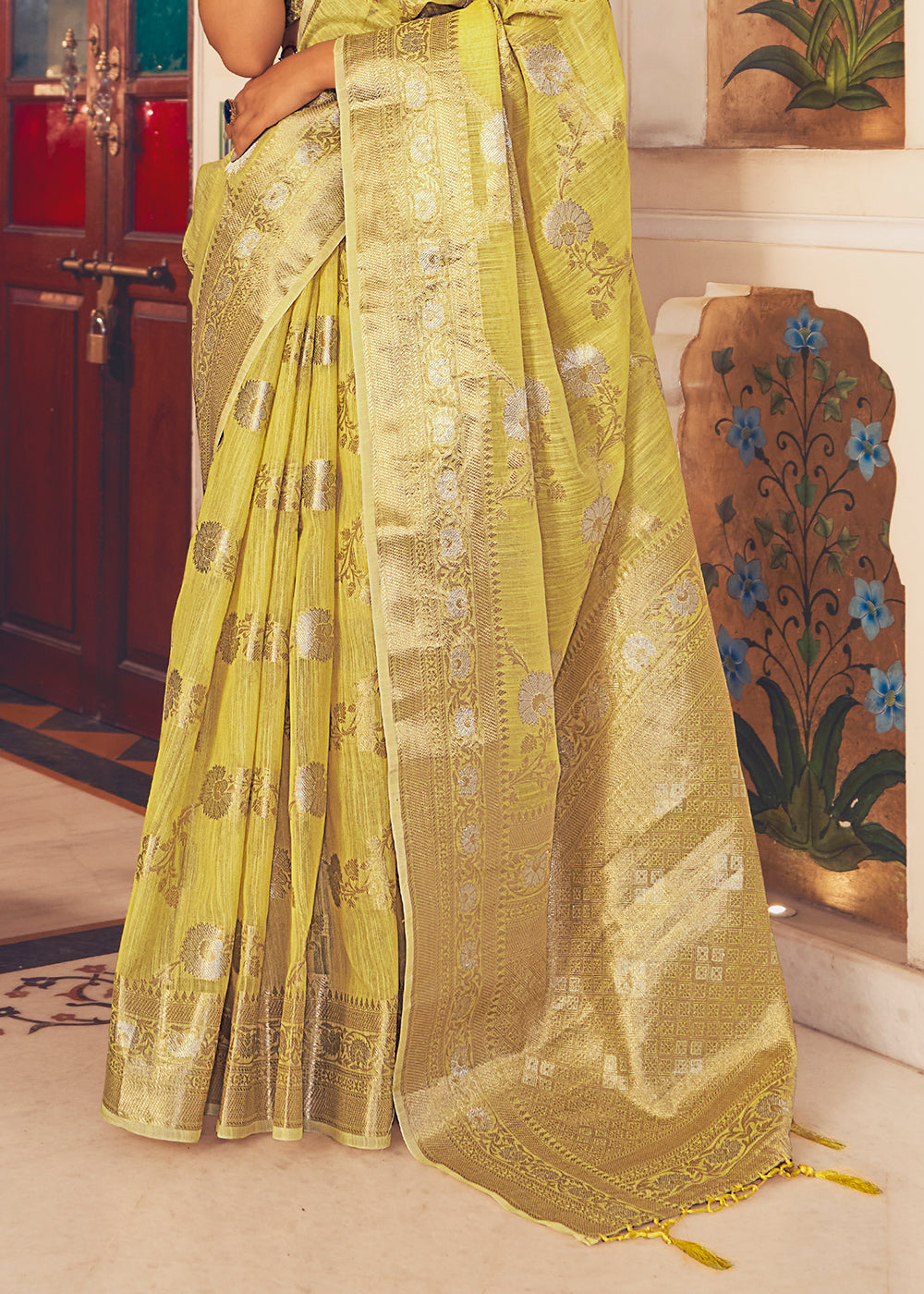 Tacha Yellow Zari Woven Linen Silk Saree