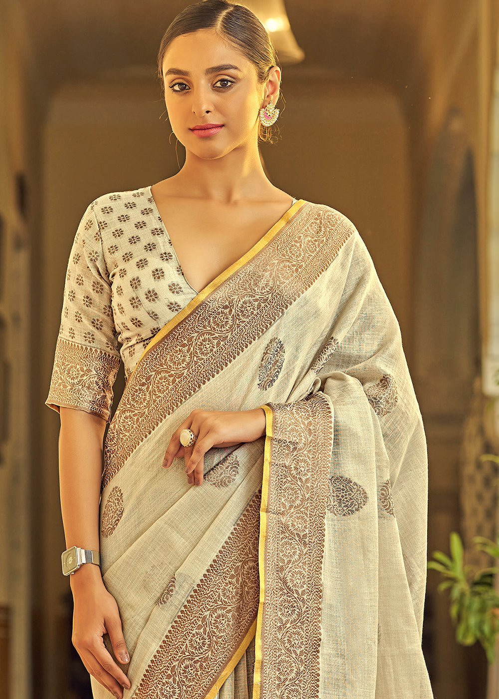 Sand Brown Linen Silk Saree