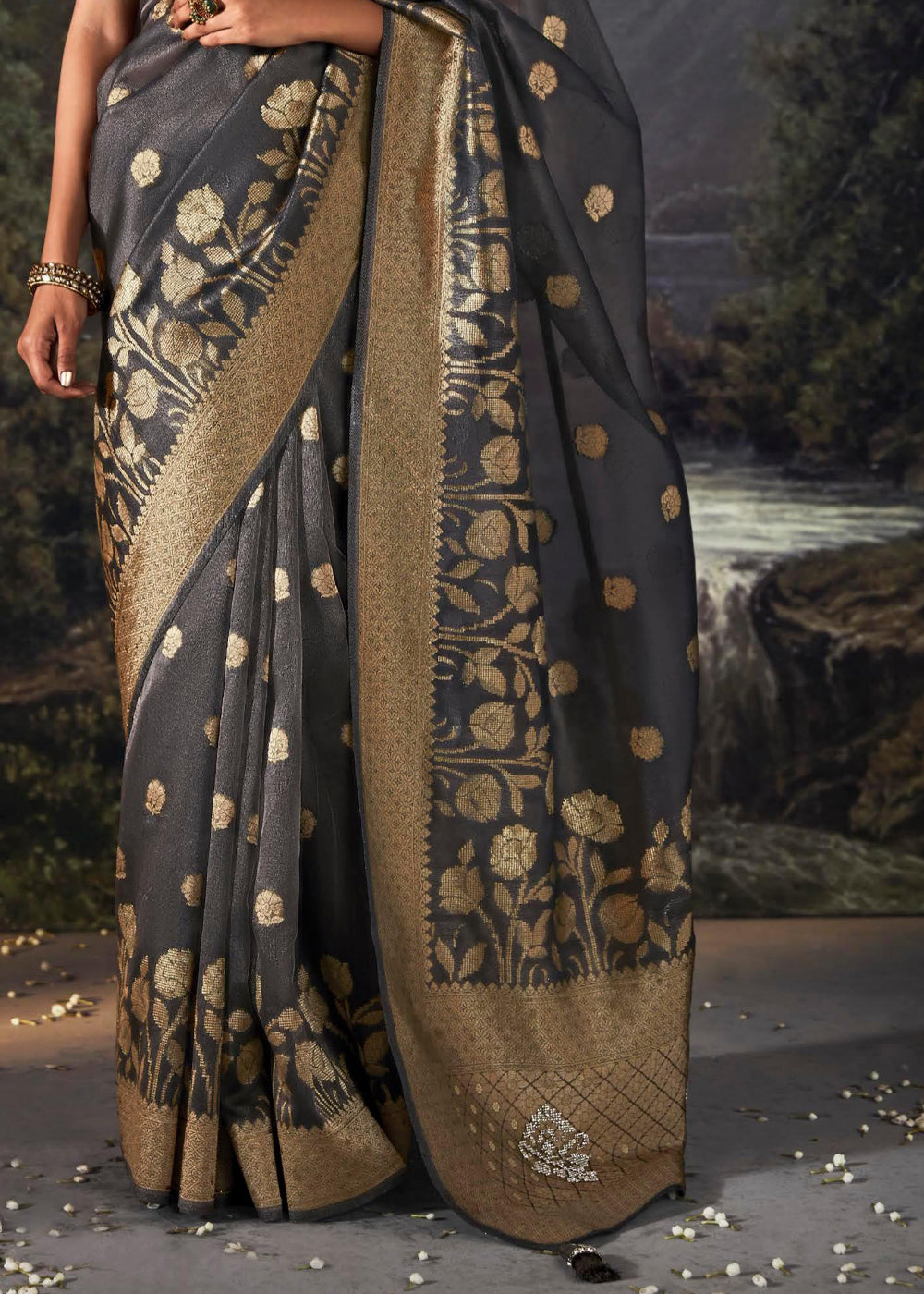 Scorpion Grey Woven Banarasi Organza Silk Saree