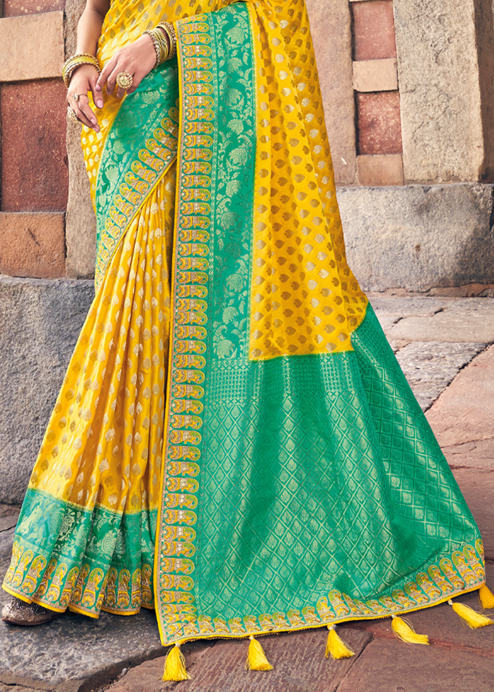 Mustard Yellow and Green Zari Woven Designer Banarasi Saree