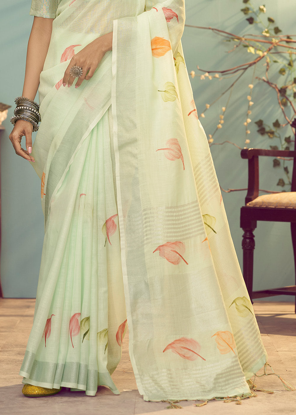 Sprout Green Soft Linen Silk Floral Printed Saree